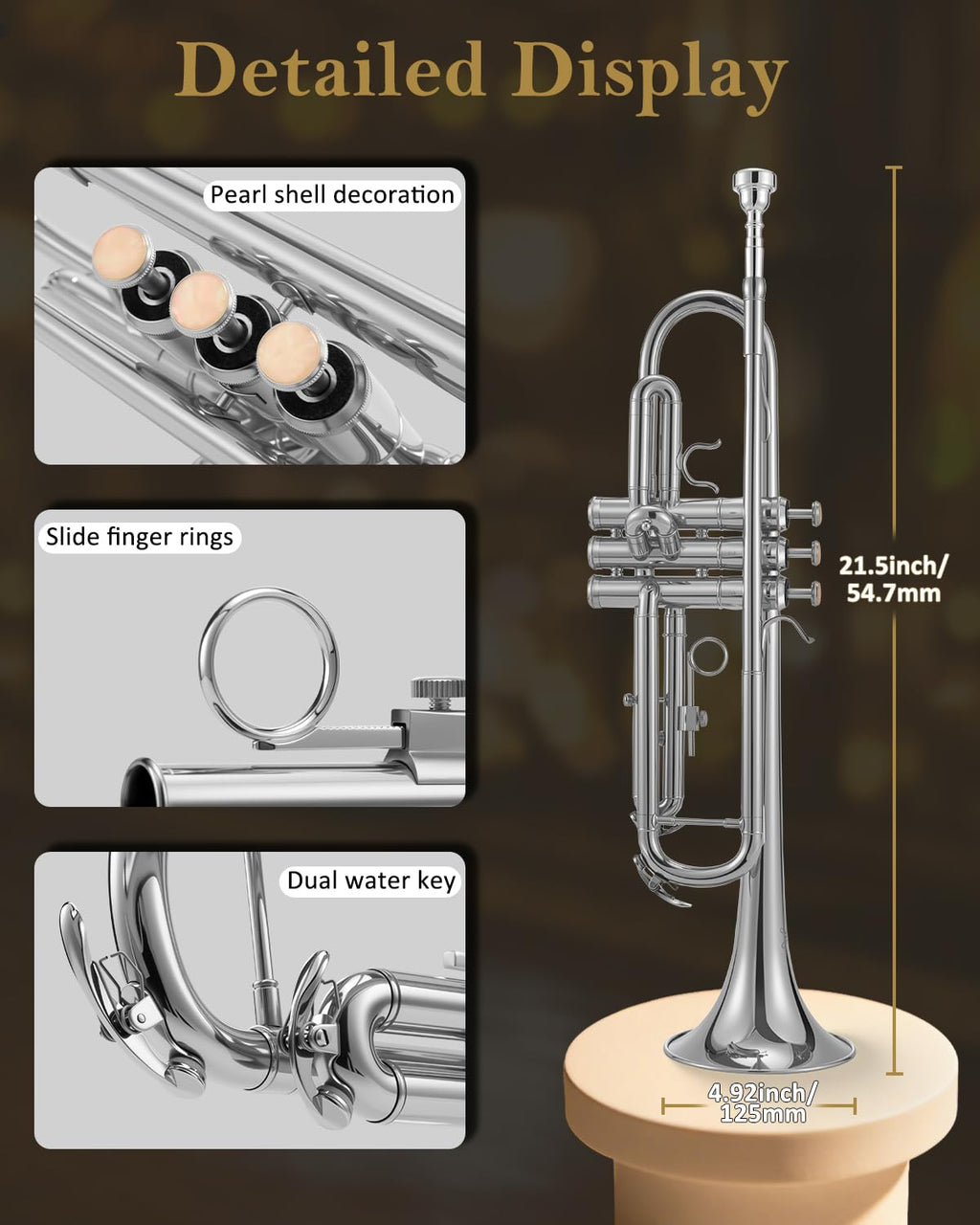 STRICH Bb Standard Trumpet Set for Beginners, Brass Student Trumpet Instrument with Hard Case, Cleaning Kit, 7C & 3C Mouthpieces, Gloves - STR-1G, Gold