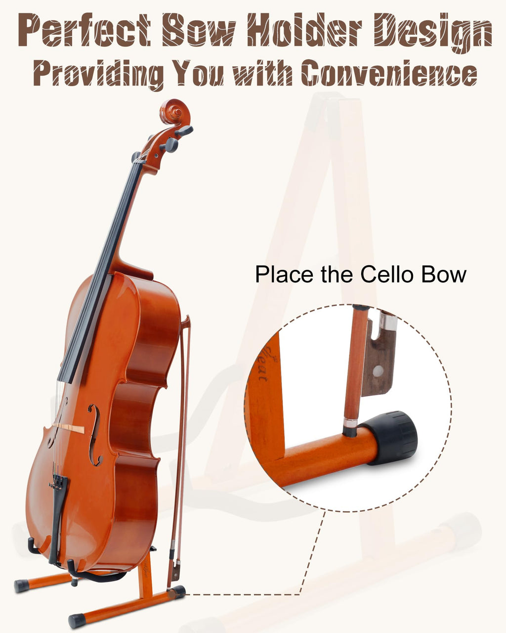 Cello Stand with Bow Holder, Mahogany Wooden A-Shape Floor Stand with Padded Foam, Handcrafted Cello Rack Fits 1/2, 3/4, 7/8, 4/4 Full-Size and Guitar, Instrument Holder for Home and Studio Display