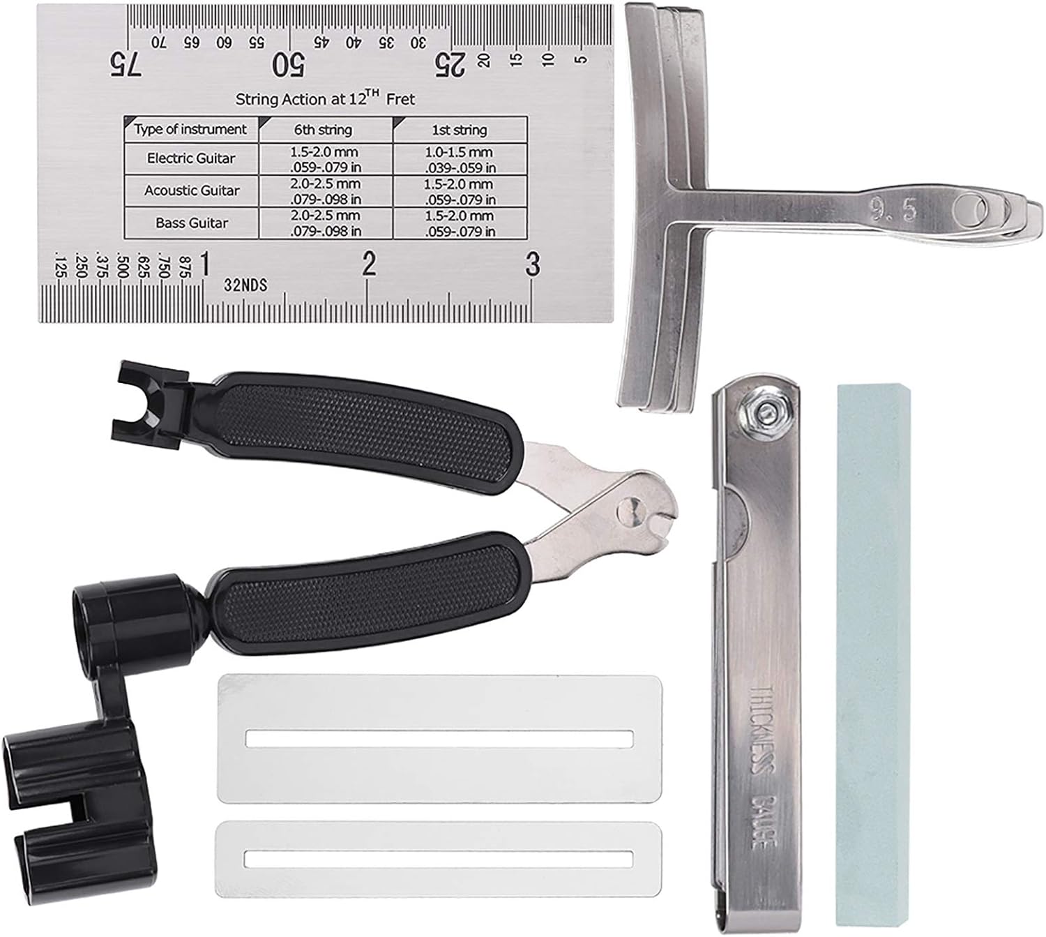 Guitar Tool Set, Professional Guitar Accessories, Stainless Steel Radius Gauge and String Action Ruler with Fingerboard Guards, Includes Sander and Polishing Stone for Electric Gui