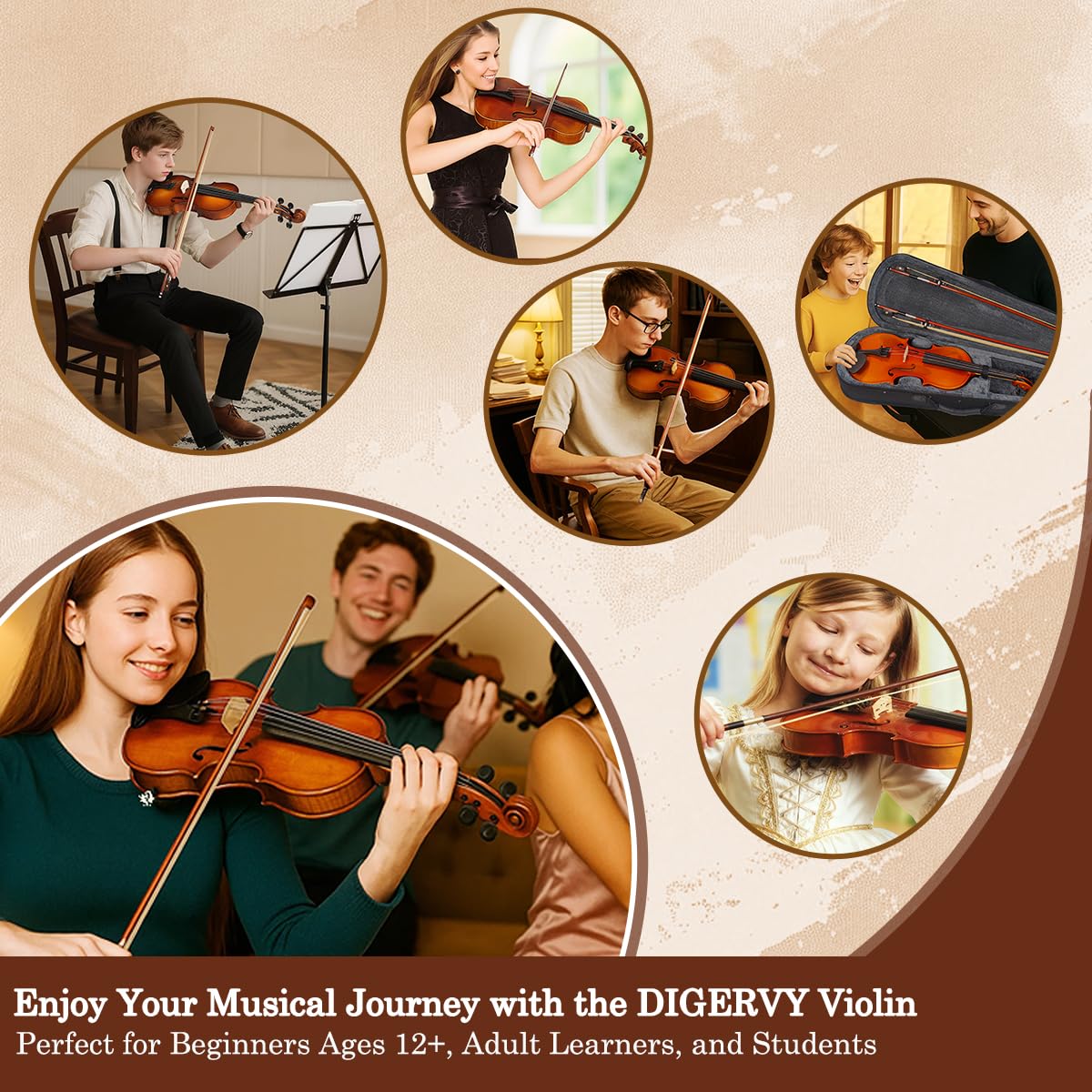 Violin 4/4 Full Size Kit for Beginners, Glossy Violin Fiddle Set for Adults, Students with Violin Case, Bow, Rosin, Fingerboard Sticker, Shoulder Rest, Extra Strings and Bridge(Plywood, Full)