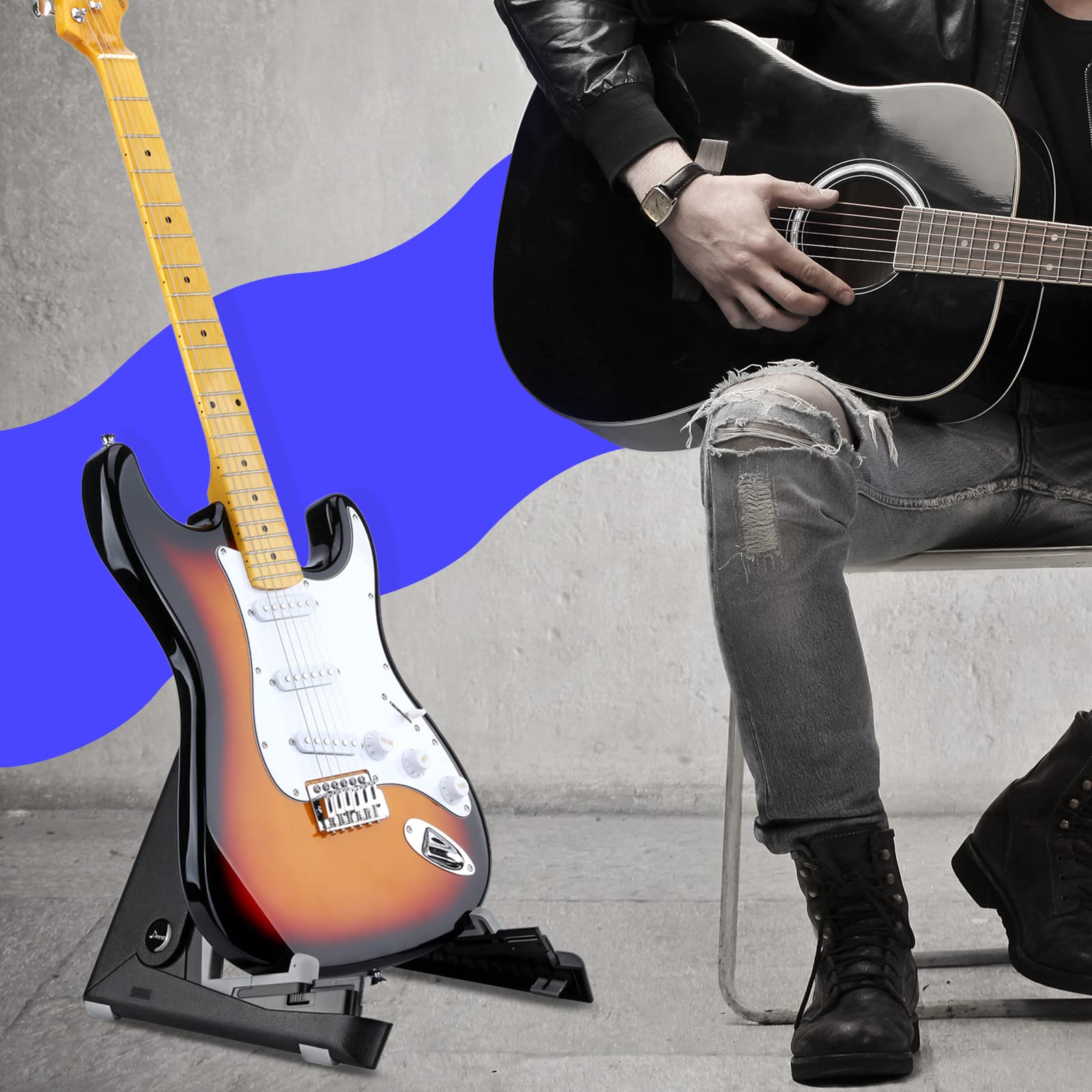 Donner Wood Guitar Stand, Acoustic Electric Wooden Guitar Floor Stand, A Frame Folding Guitar Holder Adjustable for Bass, Cello, Mandolin, Banjo, Ukulele