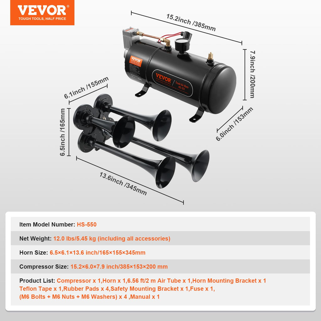 VEVOR 4 Trumpet Air Horn Kit, 150dB Train Horns for Pickup Trucks, 12V 120 psi Air Compressor 0.8 Gal/3 L Tank with Gauge for Any 12V Vehicle Car Truck Train Van Boat