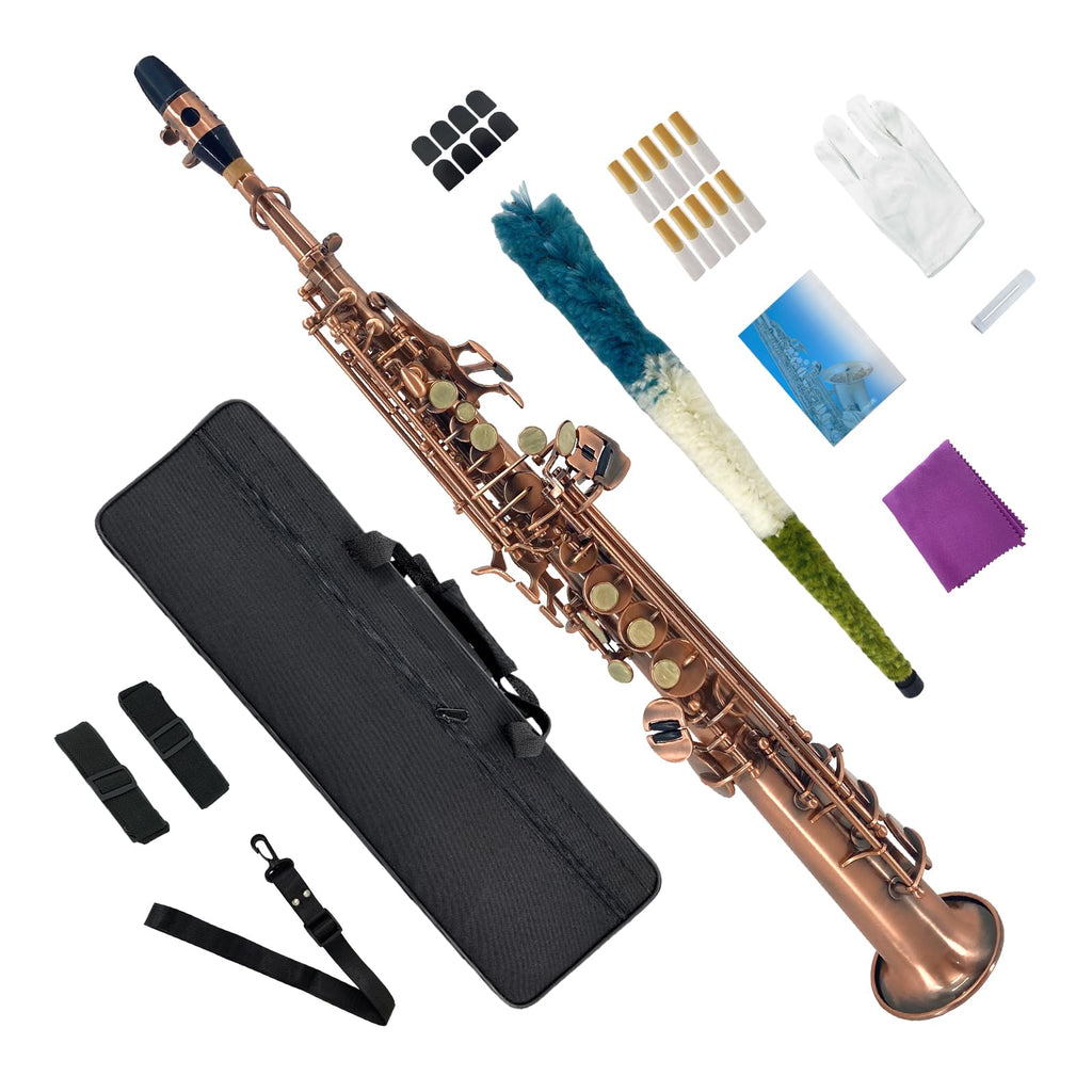 Bb Straight Soprano Saxophone Gold Lacquer Brass with Exquisite Carving and Shell Keys Full Set Includes Hard Case Mouthpiece Reeds Gloves for Students