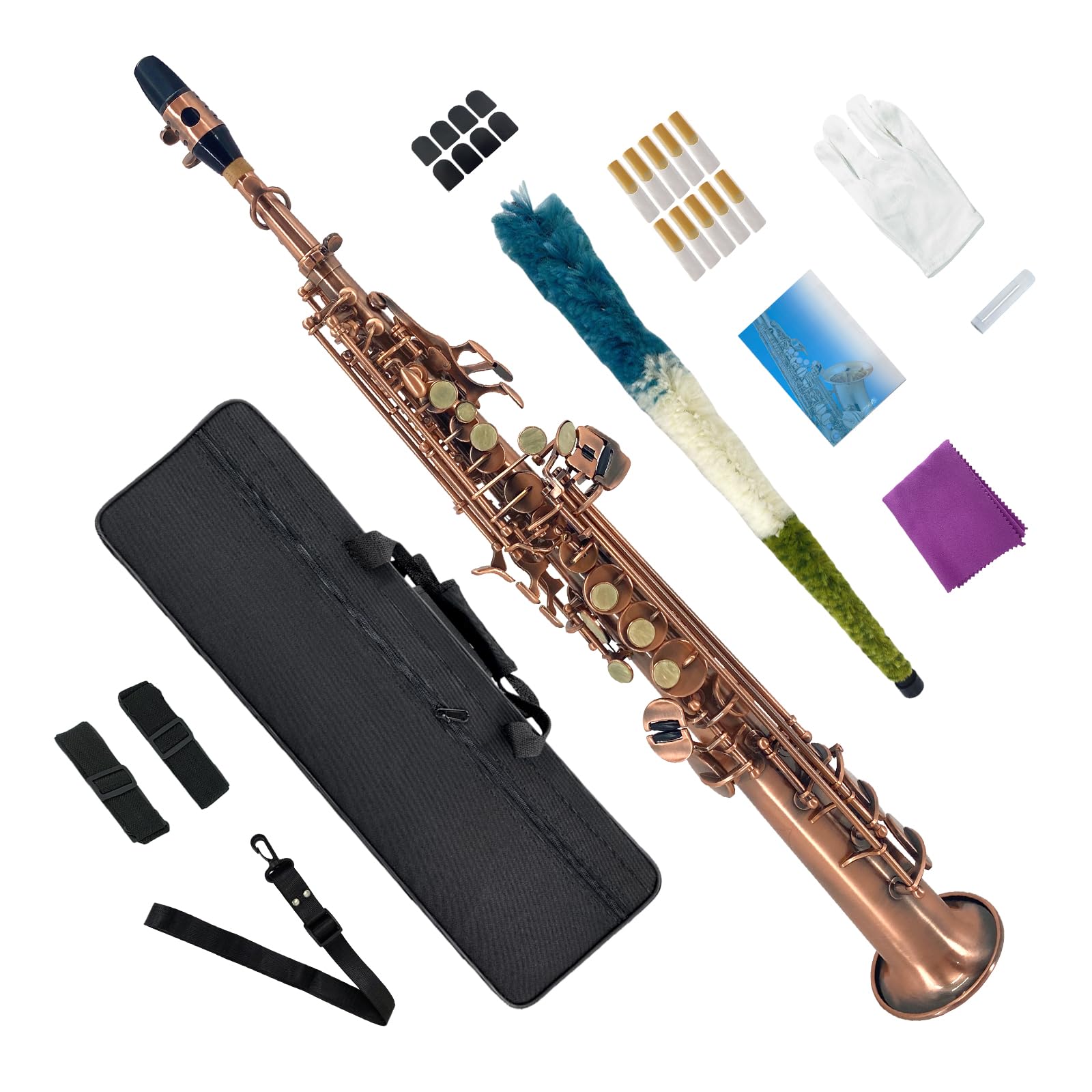 Bb Straight Soprano Saxophone Gold Lacquer Brass with Exquisite Carving and Shell Keys Full Set Includes Hard Case Mouthpiece Reeds Gloves for Students