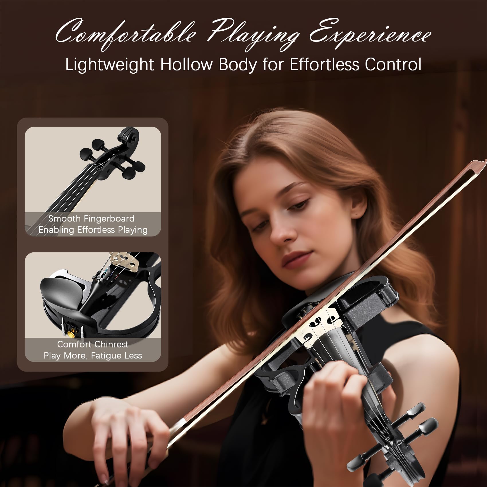 Electric Violin 4/4 Kit, Electric Violin 4/4 Full Size for Adults, Students, Beginner Violins, Full Size Violins Set with Case, Bow, Rosin and Headphones, Black