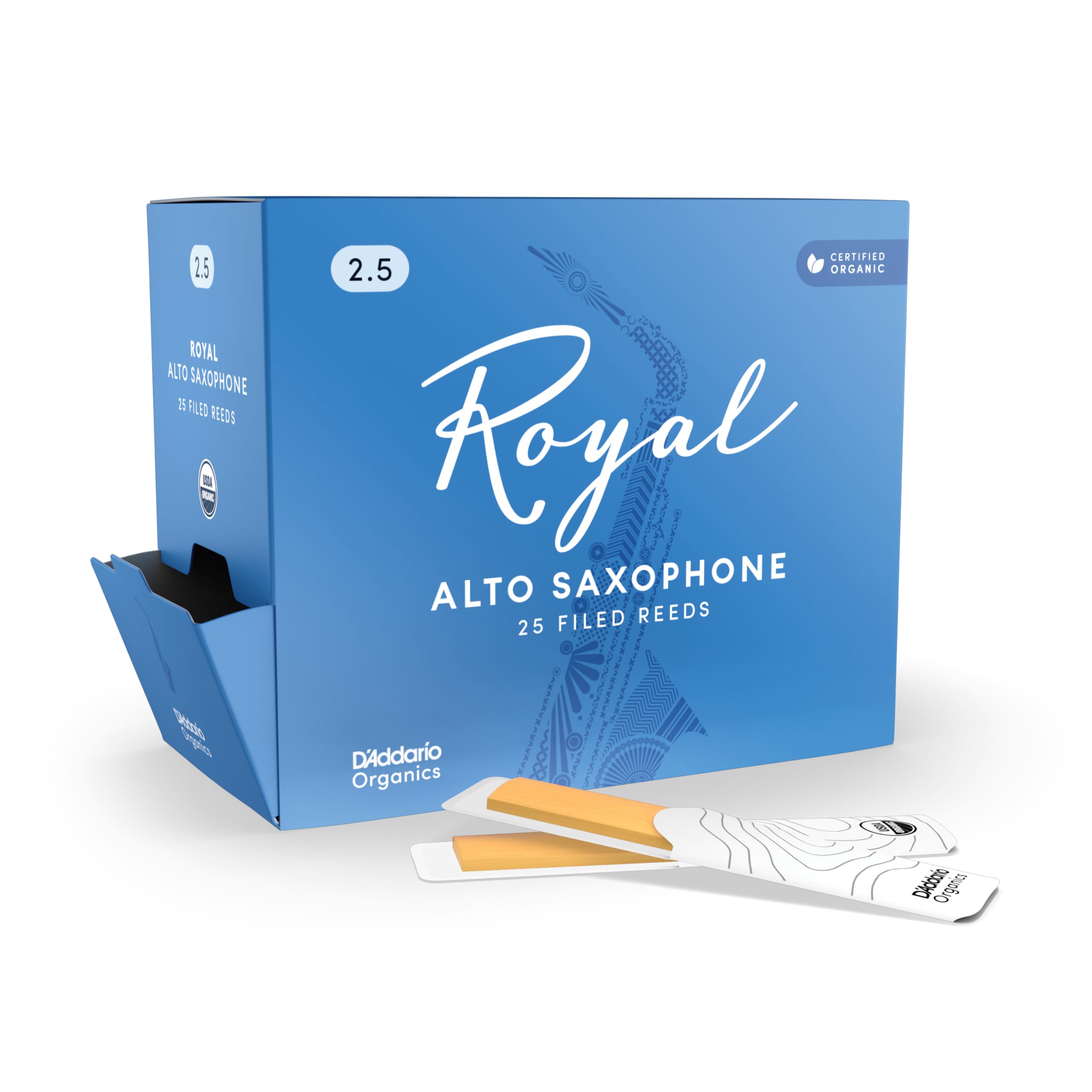 D'Addario Woodwinds Royal Saxophone Reeds - Alto Sax Reeds with Strong Spine - Alto Saxophone Reeds Great for Classical or Jazz - Strength 2.0, 25-pack
