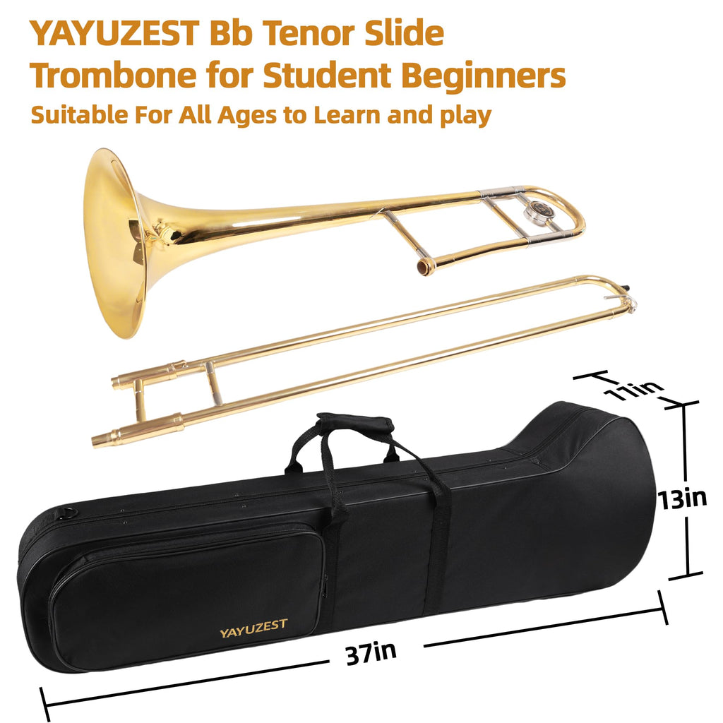 YAYUZEST Bb Tenor Slide Trombone for Students Beginners, B Flat Brass Plated Trombone Instrument with Hard Case Mouthpiece White Gloves and Cleaning Kit (Gold)
