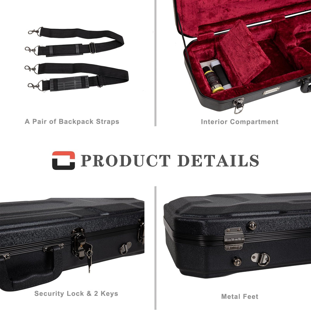Crossrock Shaped Violin Case for 4/4 Full-Size Violin | Interior Accessory Compartment, 2 Bow Holders, Security Lock, Detachable Shoulder Straps - Black (CRA880VFBK)