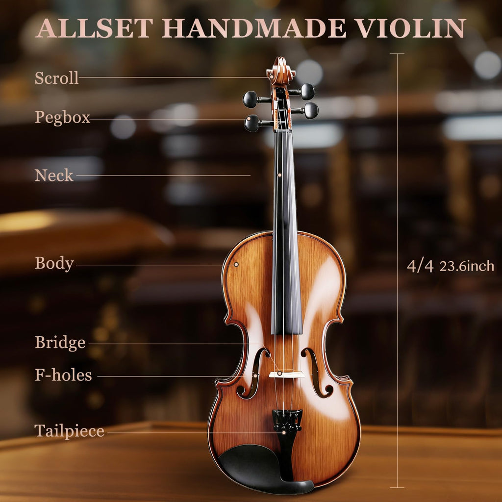 Allset Violin Fiddle Set: 4/4 Polished Violin Kit for Beginners, Acoustic Violin with Hard Case, Solidwood Handmade Starter Kit with Bow, Rosin, Shoulder Rest, Tuner, Strings-Burgundy (yellow, Full)
