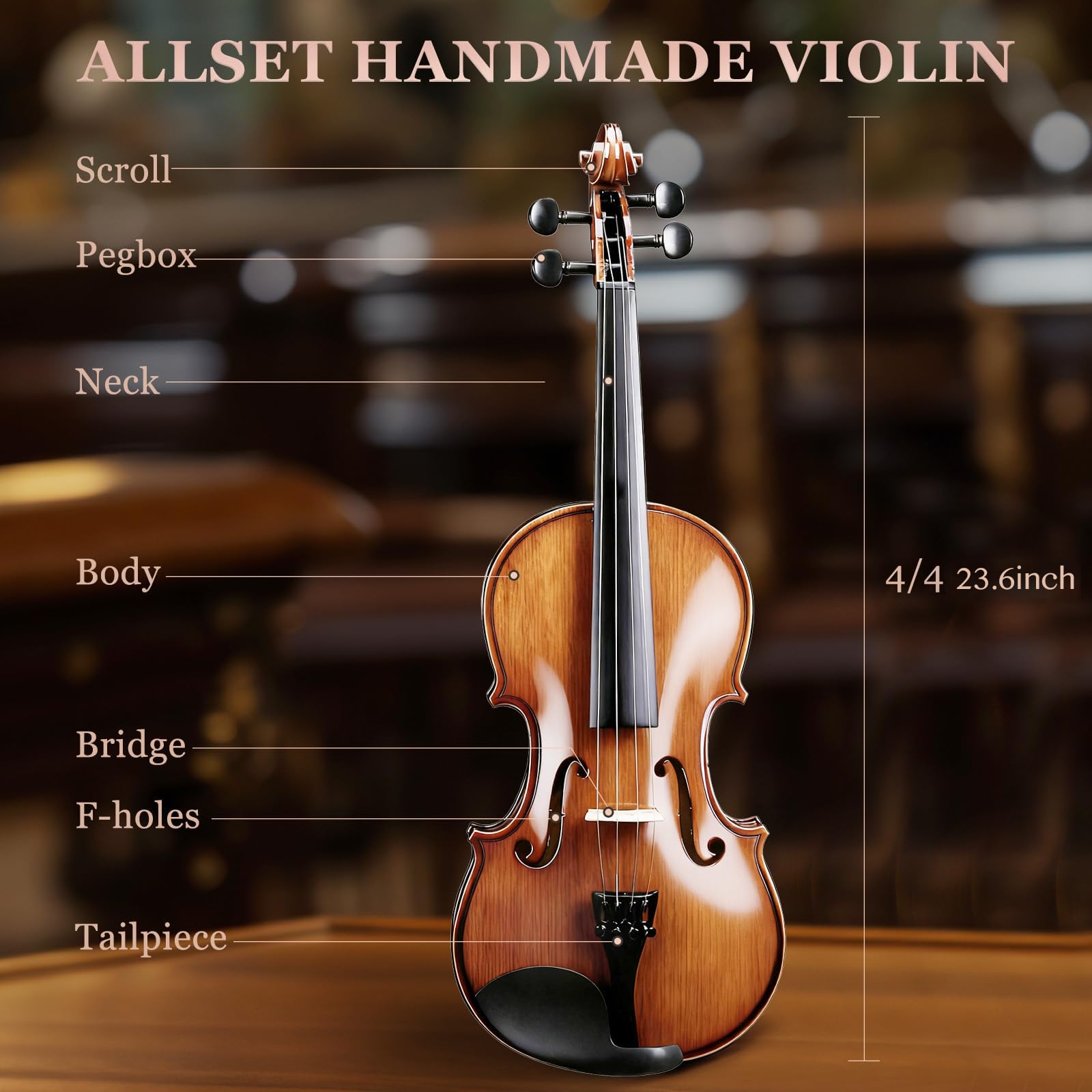 Allset Violin Fiddle Set: 4/4 Polished Violin Kit for Beginners, Acoustic Violin with Hard Case, Solidwood Handmade Starter Kit with Bow, Rosin, Shoulder Rest, Tuner, Strings-Burgundy (yellow, Full)