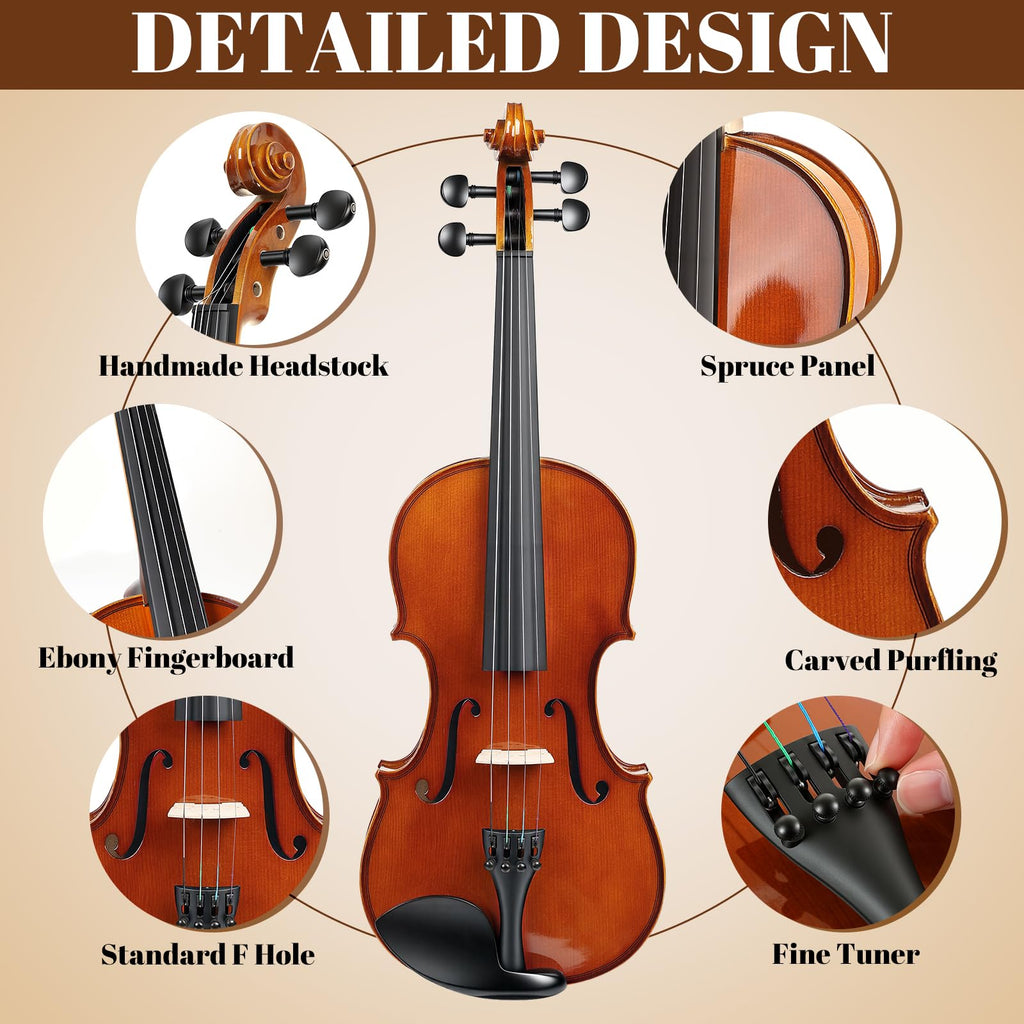 Kmise Violin 4/4 Full Set, Fingerboard Fret Markings Violins, Matte Acoustic Fiddle for Adults, Beginners, Students with Violin Case, Rosin, Strings, Bow, Shoulder Rest, Beginner's Guide (Matte, 4/4)