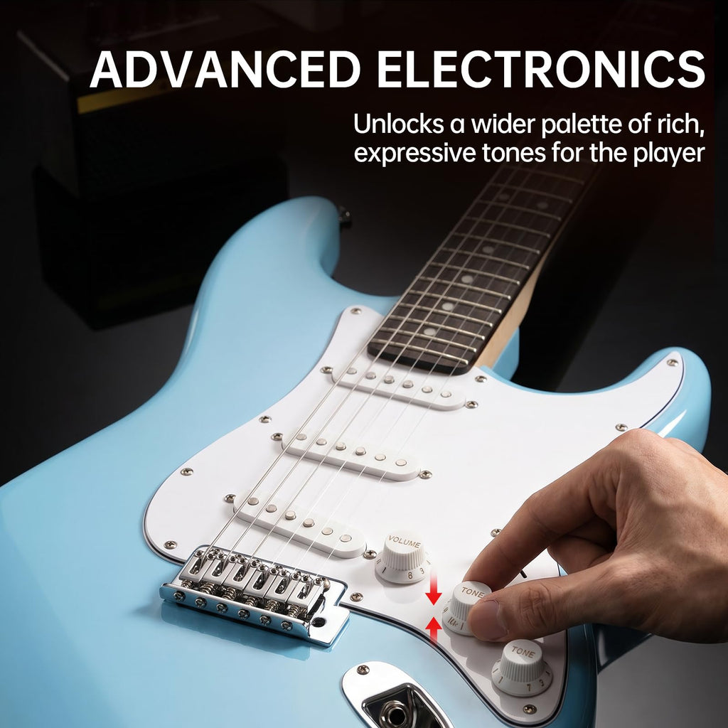 AODSK Electric Guitar with Amp Beginner Kit 39 Inch Solid Body Full Size,All Accessories,Digital Tuner,Six Strings,Four Picks,Tremolo Bar,Strap,Gig Bag,Starter kit (Blue-HSS)