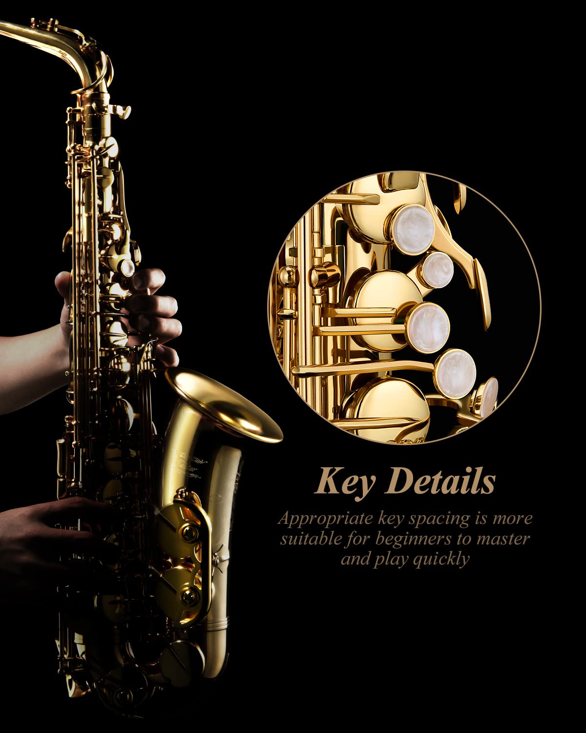 Eastar Student Alto Saxophone E Flat for Beginner Sax Full Kit with Carrying Case, Mouthpiece, Straps, Reeds, Stand, Golden Lacquer, AS-Ⅱ