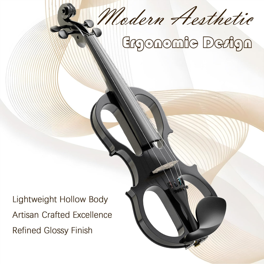 Electric Violin 4/4 Kit, Electric Violin 4/4 Full Size for Adults, Students, Beginner Violins, Full Size Violins Set with Case, Bow, Rosin and Headphones, Black