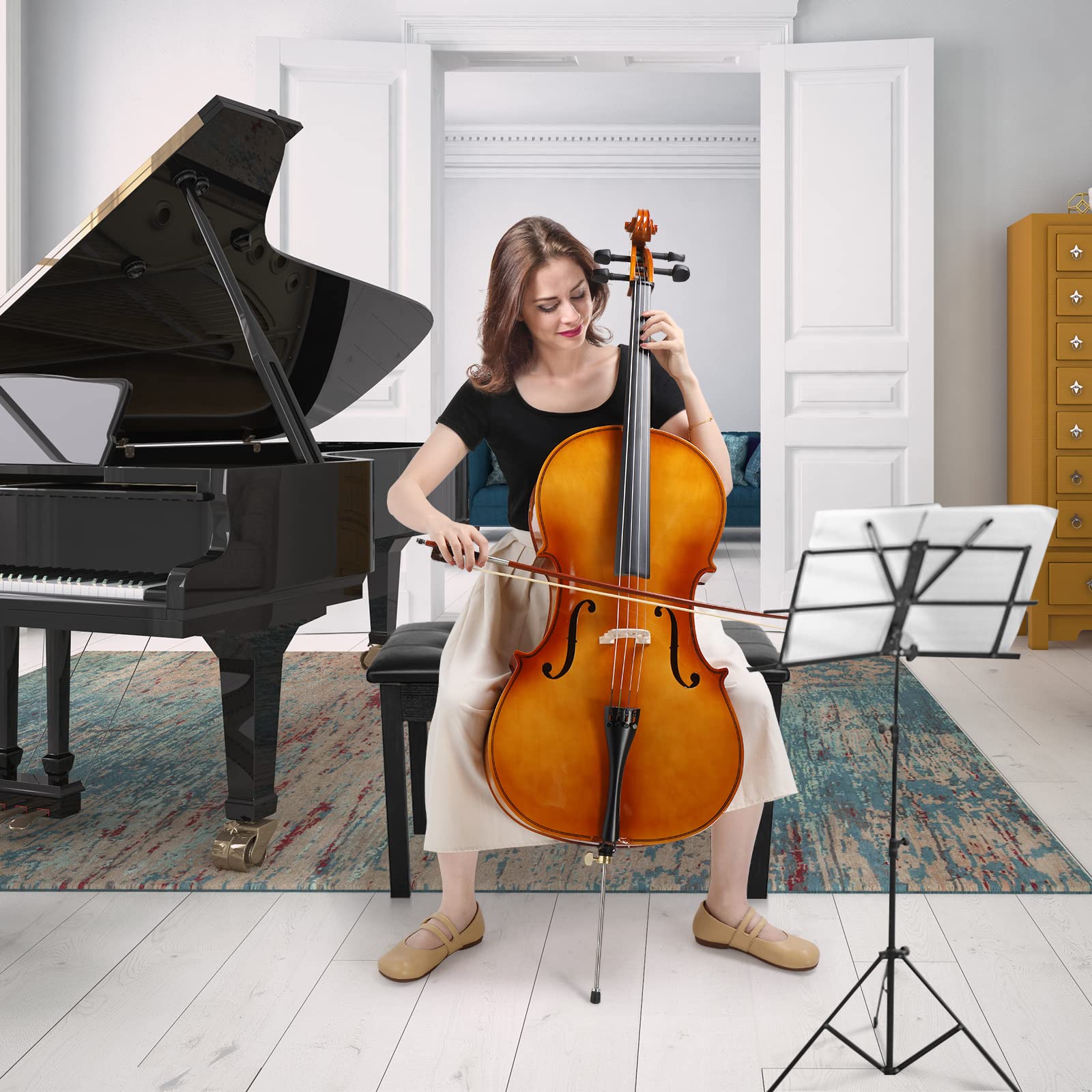 Ktaxon Full-Size Cello, Beginner Cello 4/4, Acoustic Cello Set with Portable Bag, Bow, Rosin, Bridge, Adults & Kids String Musical Instruments(White)
