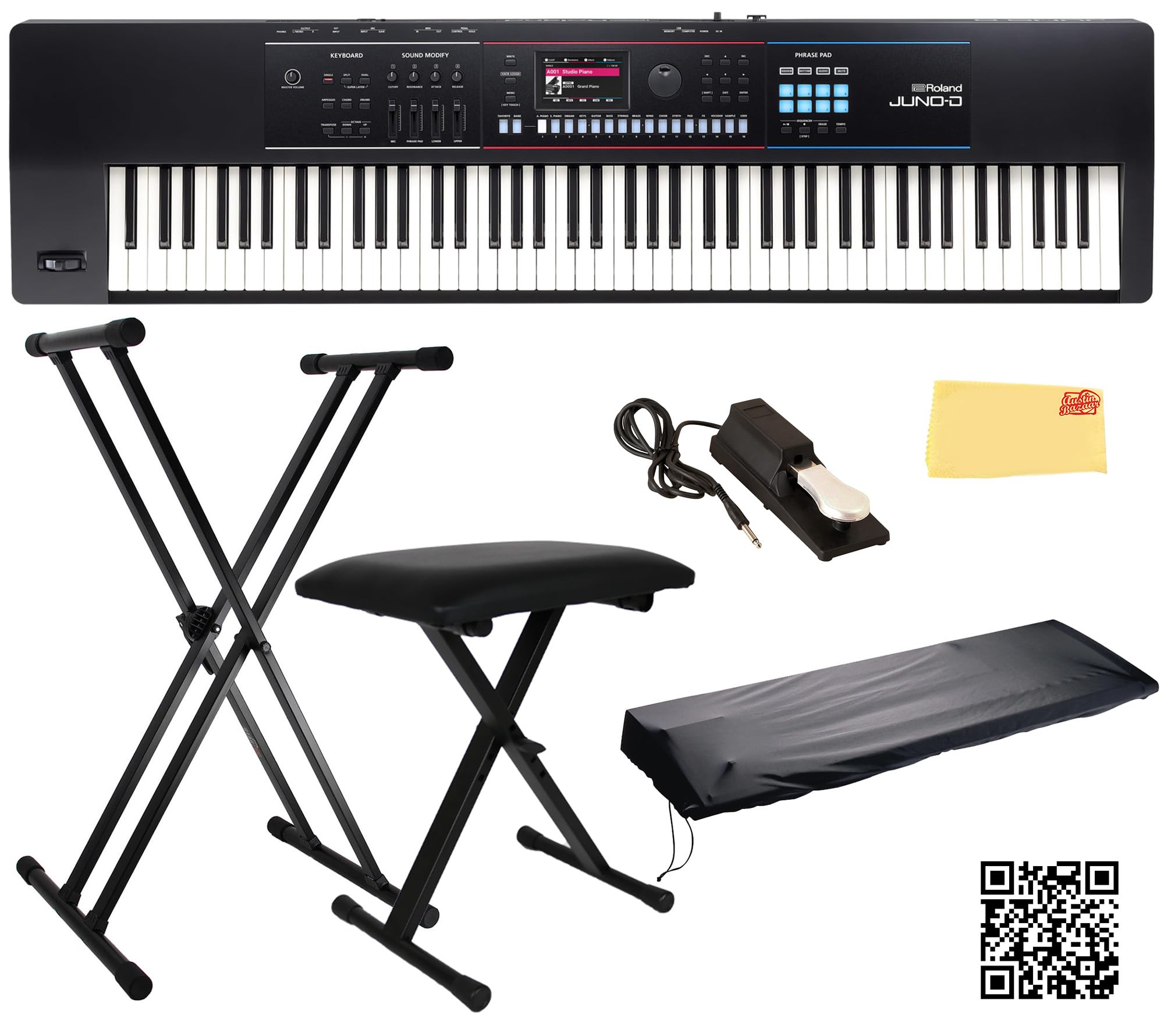 Roland JUNO-D8 Synthesizer Bundle with Adjustable Stand, Bench, Sustain Pedal, Cover, Austin Bazaar Instructional Video, and Polishing Cloth