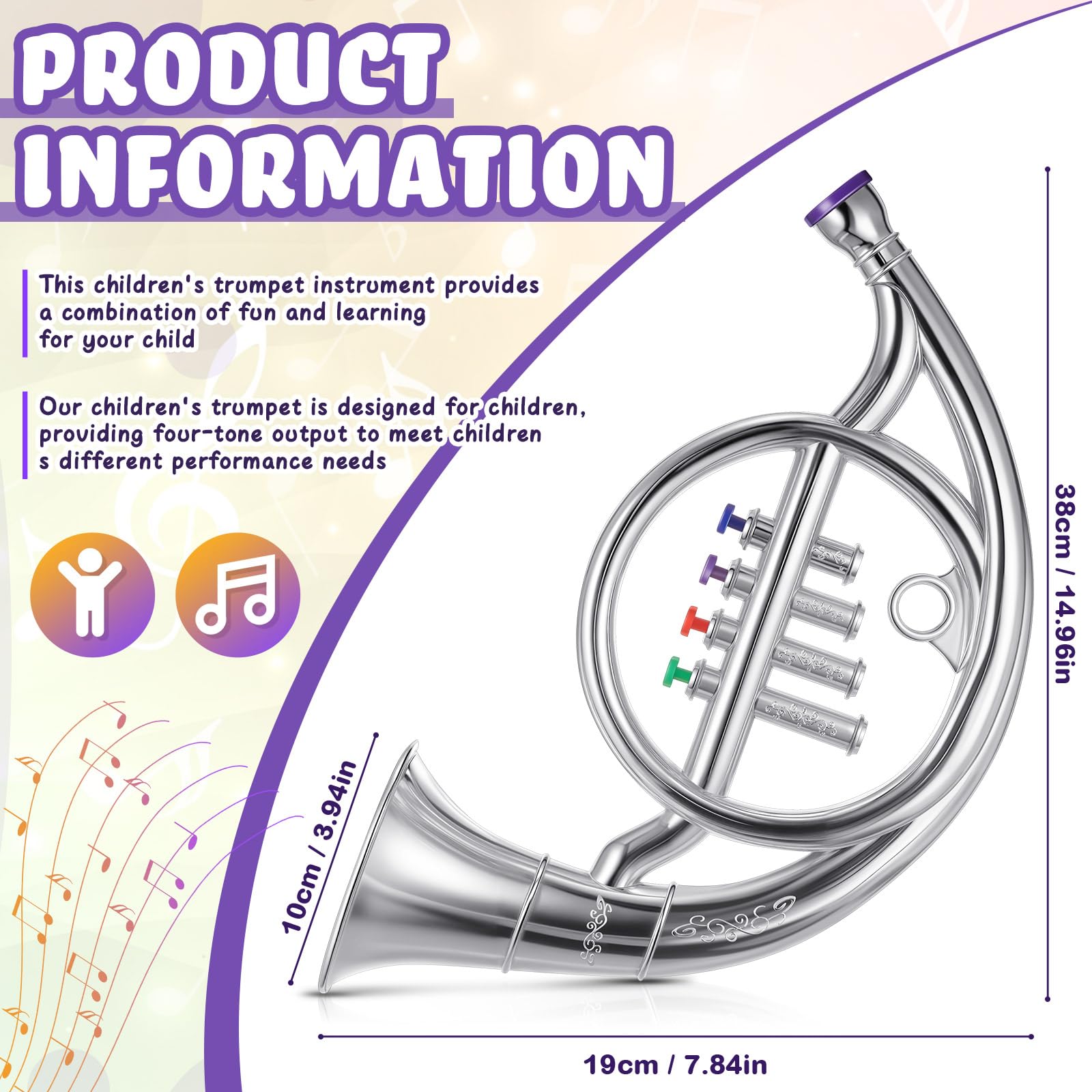 Lewtemi Gold Trumpet Musical Instruments Toy for Kid Toddler Fake Plastic Preschool Music Toy Gift Non-Professional Wind Instrument Early Educational Teaching Songs Gifts for Toddlers Children
