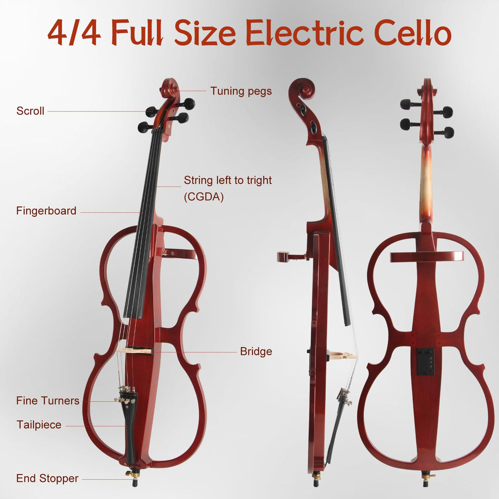 Electric Cello, Full Size Silent Practice Cello with Headphone Jack & Carry Bag, Professional Cello for Beginners/Adults