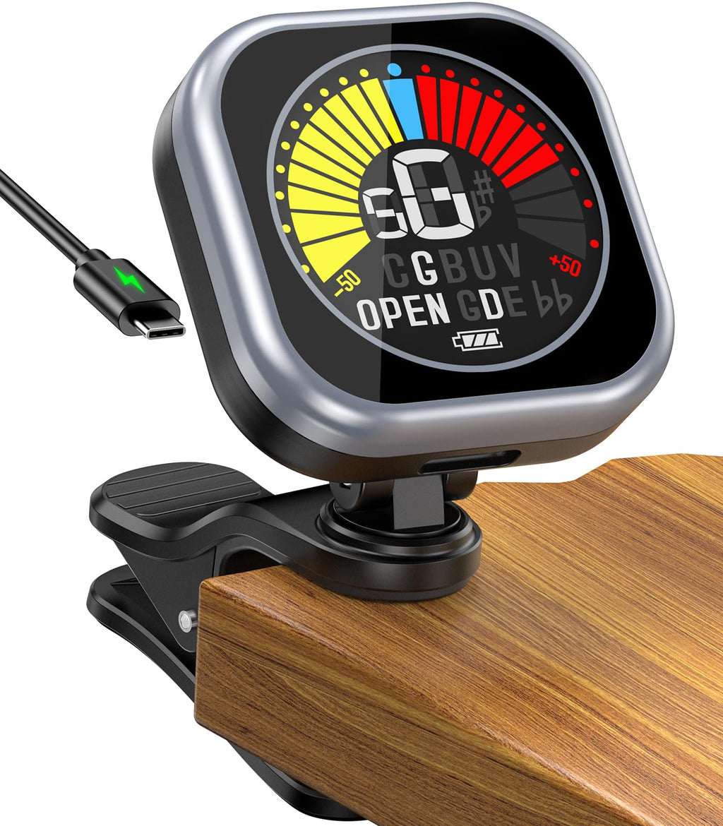 New Bee Guitar Tuner Clip-On Rechargeable with Color Screen 360° Rotatable Acoustic Chromatic Open Tuning for Guitar, Bass, Ukulele, Violin, Cello(Black, 1 Pack)