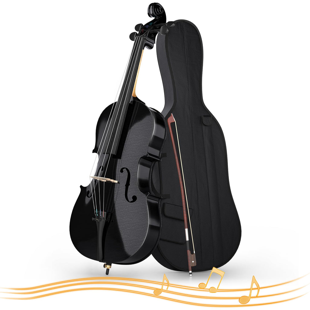 Full Size Cello Kit, Acoustic Cello Instrument for Adults,Beginners,Students,Complete Cello 4/4 Set with Portable Bag, Bow, Rosin (Black)