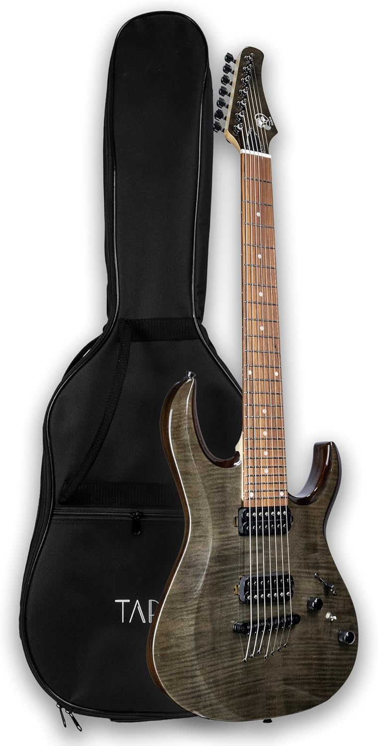 TARIO 7 String Electric Guitar 24 Frets, Flame Mahogany Top, Maple Neck, Rosewood Fingerboard, Dual Humbucker Pickups, Fixed Bridge, Modern Metal Guitar