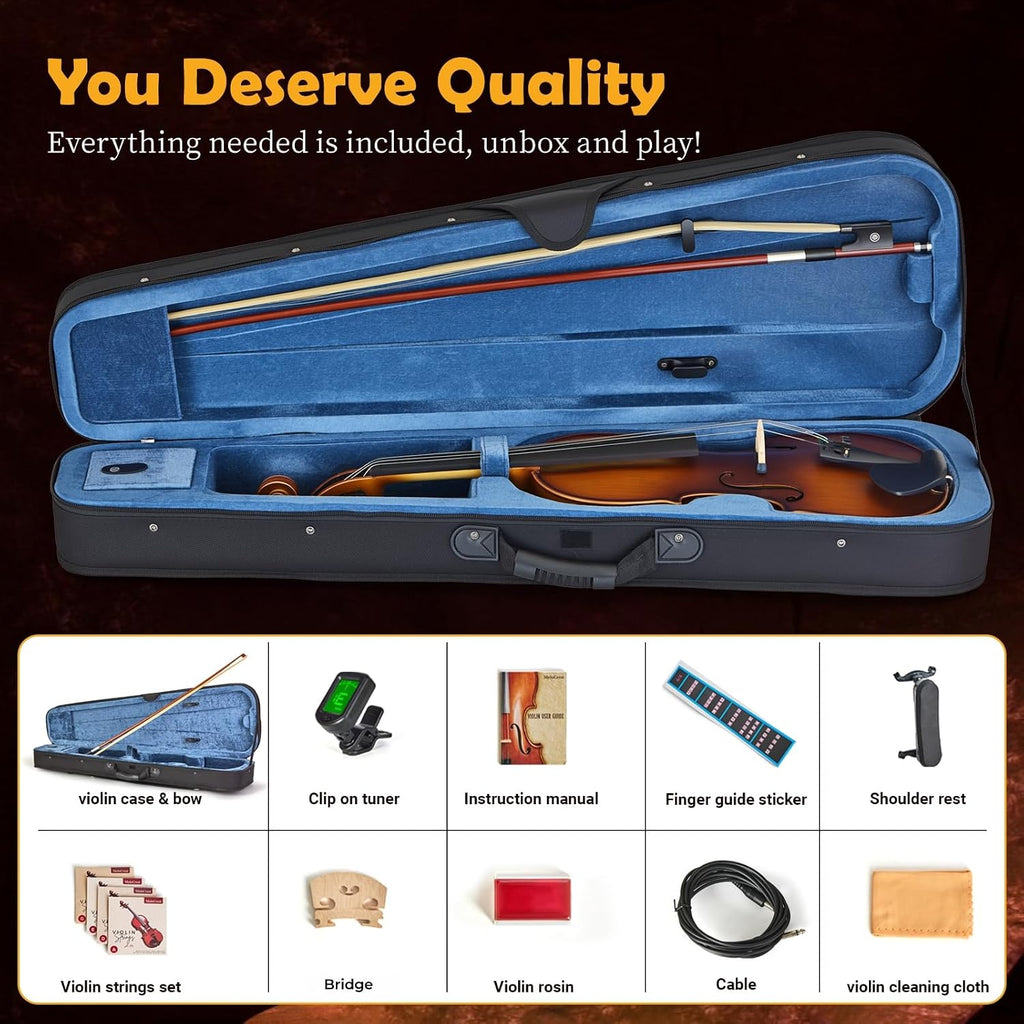 4/4 Acoustic Electric Violin for Amplifier Use - Natural Tone, Solid Spruce Top & Maple Back, Carbon Fiber Tailpiece, Ebony Fittings, Starter Kit for Beginners