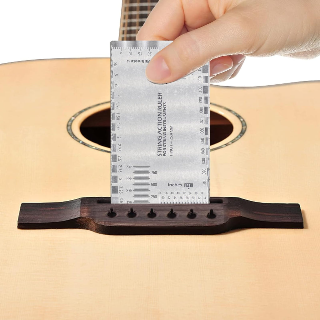 10-Piece Guitar Luthier Tool Set Radius Gauge and Action Ruler | understring gauge set, neck action height check, acoustic electric bass fit, silver steel ruler, nut saddle fret setup
