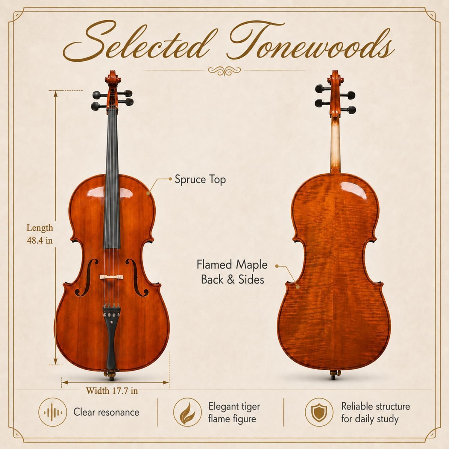 Cello 4/4 Full Size, Beginner Cello Instrument for Adults, Acoustic Cello Set with Padded Bag, Extra Strings, Bridge, Bow & Rosin – for Lessons, Home Practice & School Orchestra, Matte Natural