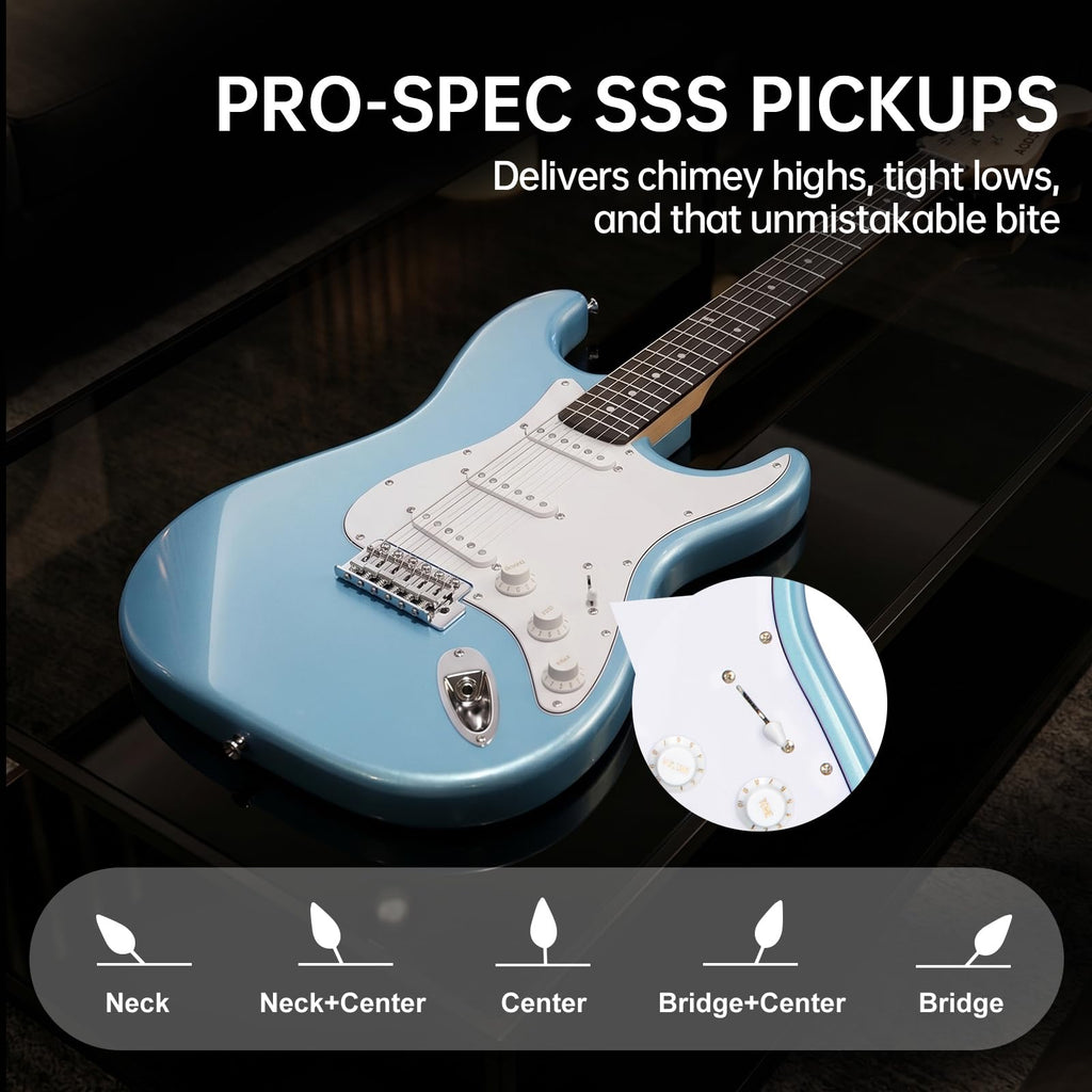 AODSK Electric Guitar with Amp Beginner Kit 39 Inch Solid Body Full Size,All Accessories,Digital Tuner,Six Strings,Four Picks,Tremolo Bar,Strap,Gig Bag,Starter kit (Blue-HSS)