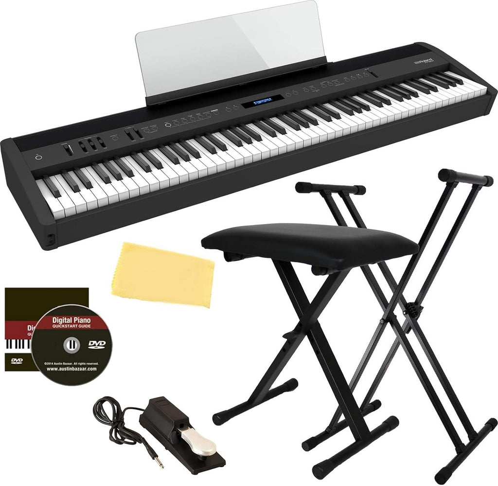 Roland FP-60X 88-Key Digital Piano - White Bundle with Adjustable Stand, Bench, Deluxe Sustain Pedal, Online Piano Lessons, Instructional DVD, and Austin Bazaar Polishing Cloth