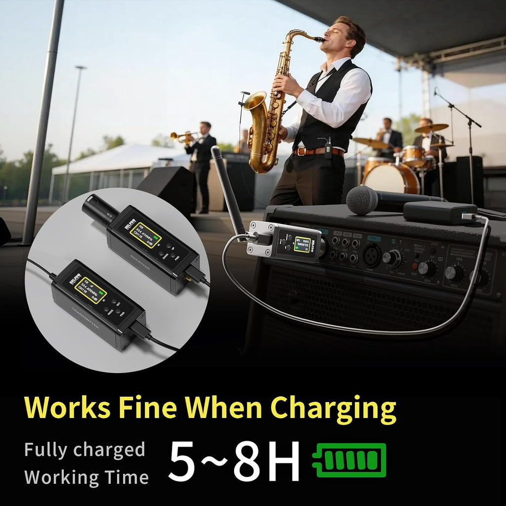 Saxophone Wireless Microphone System for Clarinet, Brass Instrument | UHF, 260FT Range, 360° Rotatable Clip-on Mic, XLR Adapter, Low Latency Transmitter & Receiver, F40S