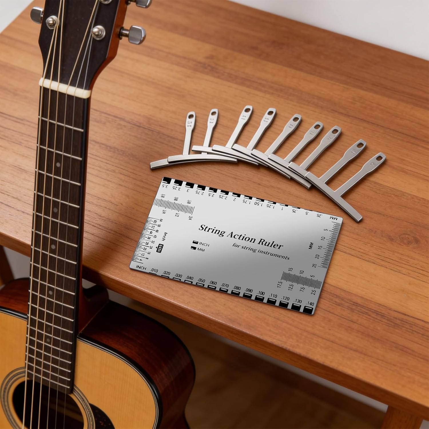 10 Pcs Guitar Luthier Tools Include 9 Pcs Understring Guitar Radius Gauge and 1 String Action Height Gauges Ruler Guitars String Action Gauge Ruler Tool for Guitars Bass Setup Repair Tools