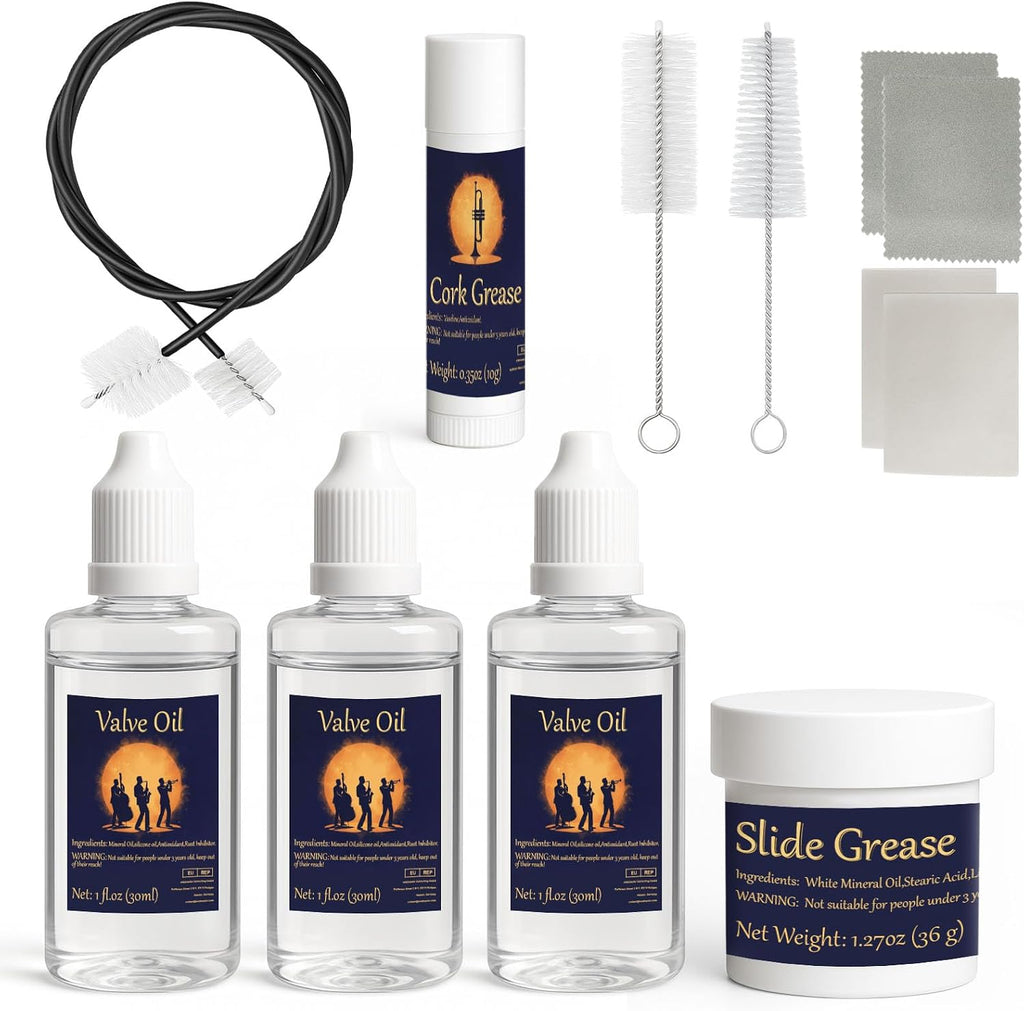 Trumpet Cleaning Kit, Clean and Care Horn, Trumpet Valve Oil Kit with Valve Oil, Slide Grease, Cork Grease, Cleaning Cloth, Mouthpiece/Valve/Bore Brushes, Polishing Cloth