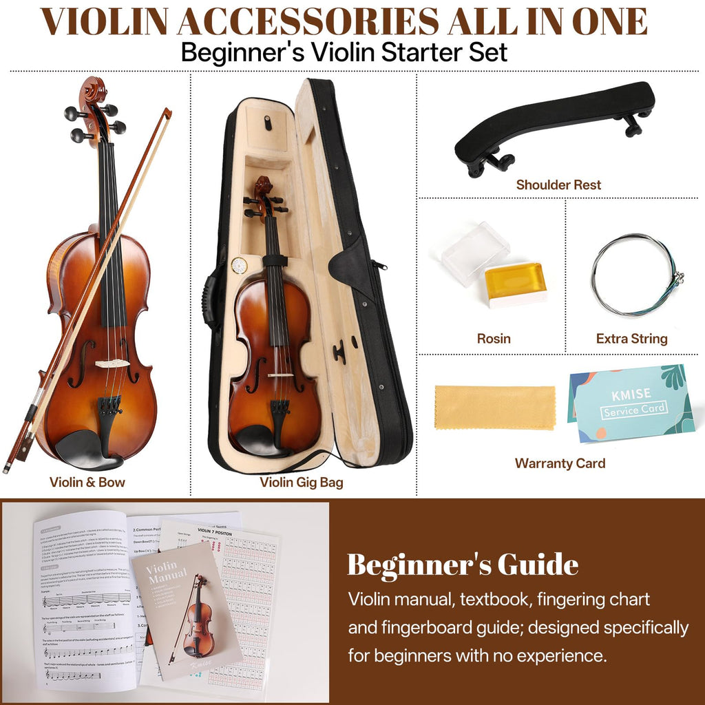 Kmise Violin 4/4 Full Set, Fingerboard Fret Markings Violins, Matte Acoustic Fiddle for Adults, Beginners, Students with Violin Case, Rosin, Strings, Bow, Shoulder Rest, Beginner's Guide (Matte, 4/4)