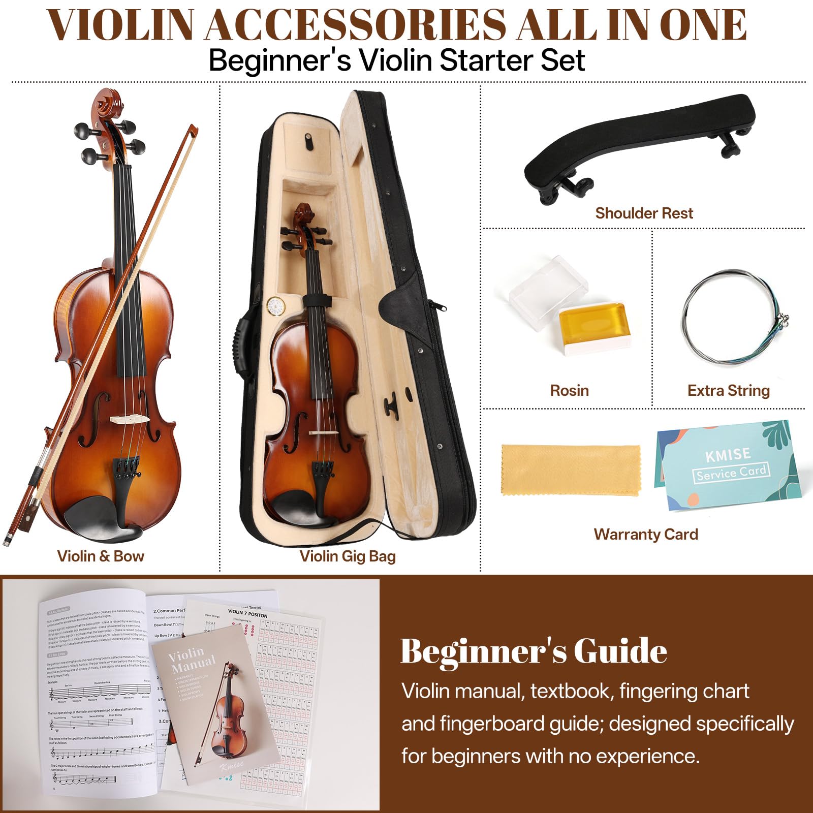 Kmise Violin 4/4 Full Set, Fingerboard Fret Markings Violins, Matte Acoustic Fiddle for Adults, Beginners, Students with Violin Case, Rosin, Strings, Bow, Shoulder Rest, Beginner's Guide (Matte, 4/4)