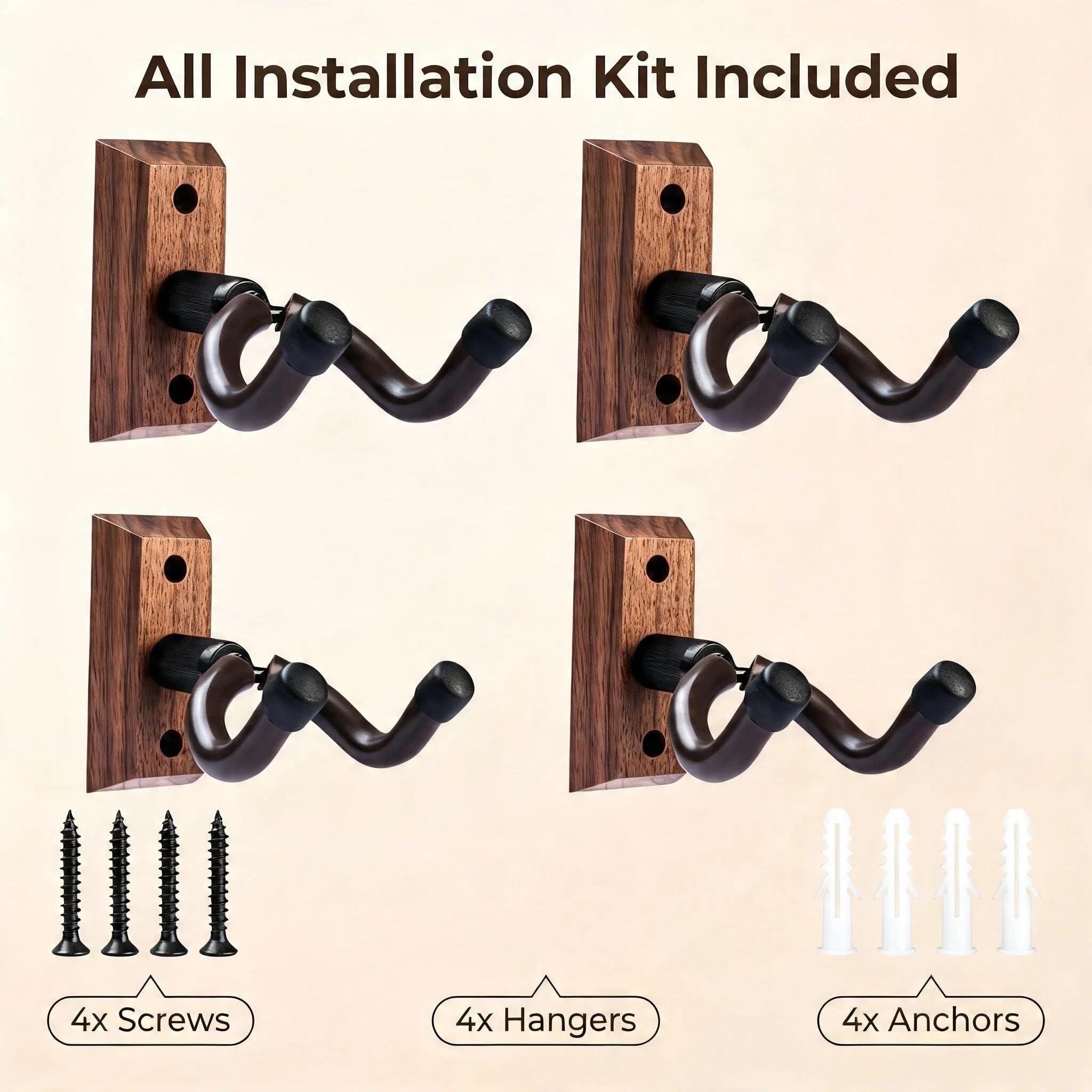 Guitar Wall Mount Hanger Brown Walnut 4 Pack, Guitar Wall Hangers Hooks Holder Stand Display with Screws - Easy to Install - Fits Guitars, Bass, Mandolin, Banjo