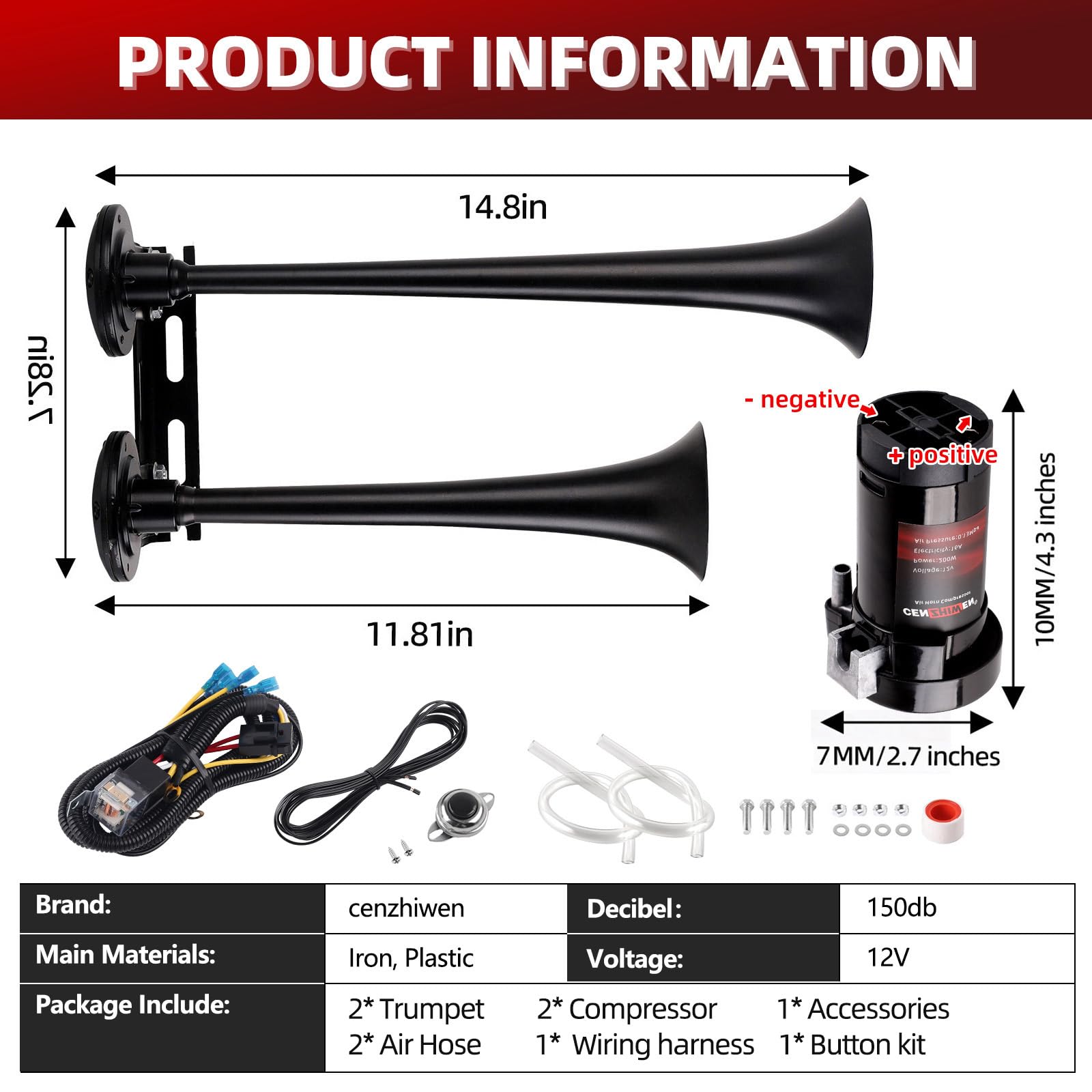 Dual 2-Trumpet Metal Air Horn for truck Kit with 2 air Compressors,12V 150dB Ultra Loud impact train car horn moto horn is suitable for pickup/SUV/Boat (Two-tube integrated)