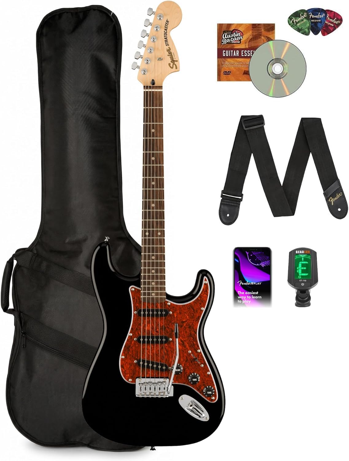 Fender Squier Affinity Stratocaster FMT HSS - Sienna Sunburst Bundle with Frontman 10G Amplifier, Gig Bag, Tuner, Instrument Cable, Strap, Picks, and Austin Bazaar Instructional DVD