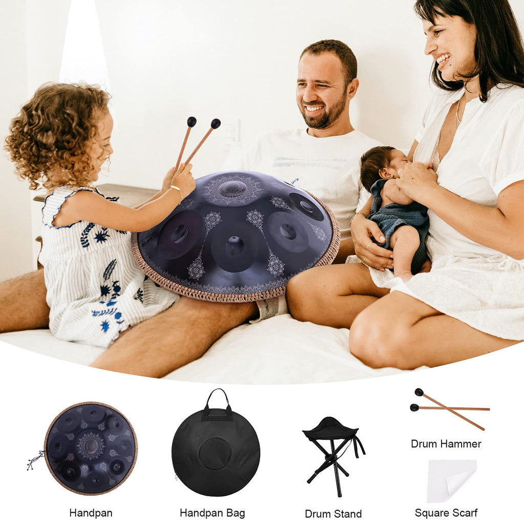 Handpan Drum 22 Inches D Minor Kurd, 432Hz 10 Notes Hand Drum Instrument, Premium Steel Drum, Handpan Instrument for Adults (Gold)