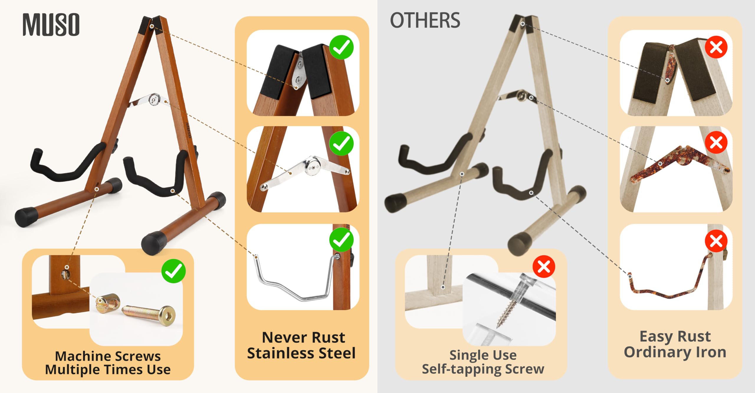 MUSO Cello Stand with Bow Holder,A-Frame Floor Stand with Padded Foam, Handcrafted Cello Rack Fits 1/2, 3/4, 7/8, 4/4 Full-Size and Guitar, Instrument Holder for Home and Studio Display