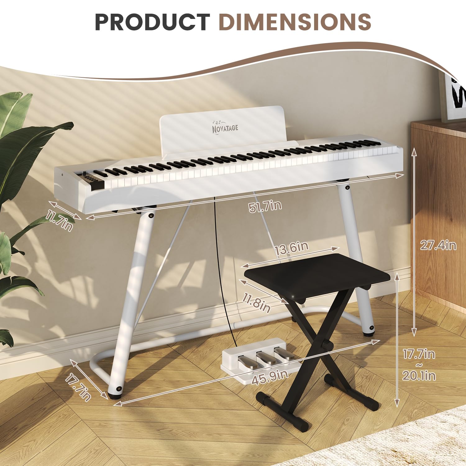 88 Key Full-Weighted Digital Piano, Full Size Electric Piano for Beginners, with U-Stand, 3 Pedal Unit, Adjustable Stool, Headphone, MIDI Functionality (Black)