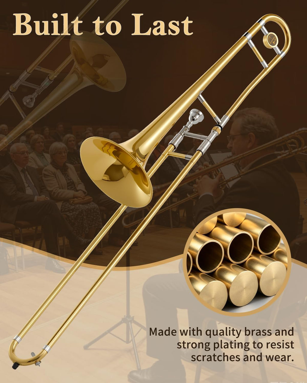 STRICH Bb Tenor Slide Trombone Student Beginner Brass Trombone Kit with 7C Mouthpiece White Gloves Cleaning Kit Hard Performance Case, STB-1G, Gold