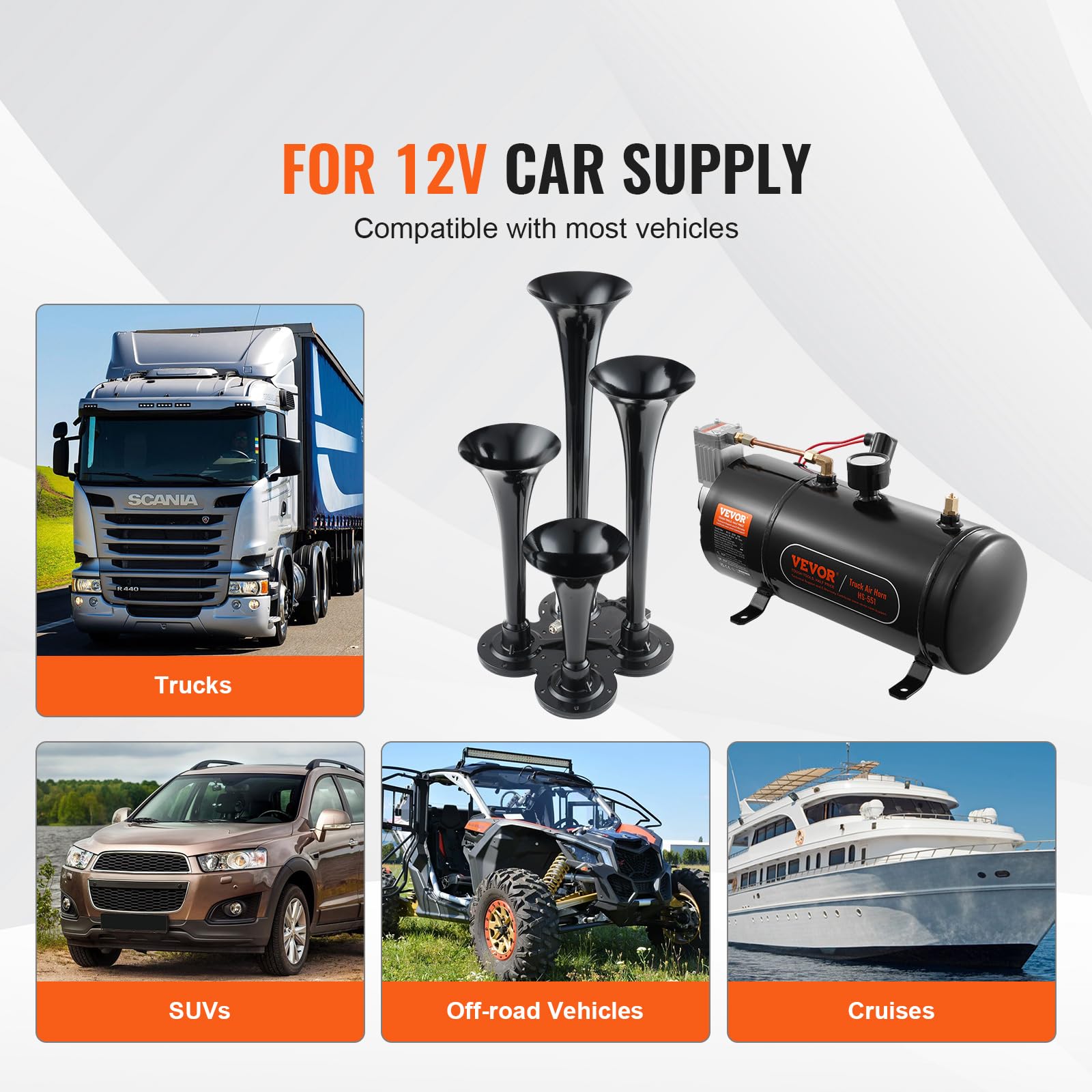 VEVOR 4 Trumpet Air Horn Kit, 150dB Train Horns for Pickup Trucks, 12V 120 psi Air Compressor 0.8 Gal/3 L Tank with Gauge for Any 12V Vehicle Car Truck Train Van Boat