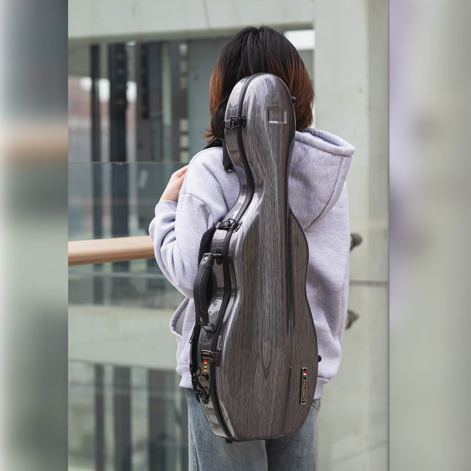 Christina violin case 4/4 Full Size Violin case High-Strength Carbon Fiber Pear-Shaped Violin Music Bag With Combination Lock and Extra Bag Gray Violin Hard Case (VB-Random type-SilveryGray spot)