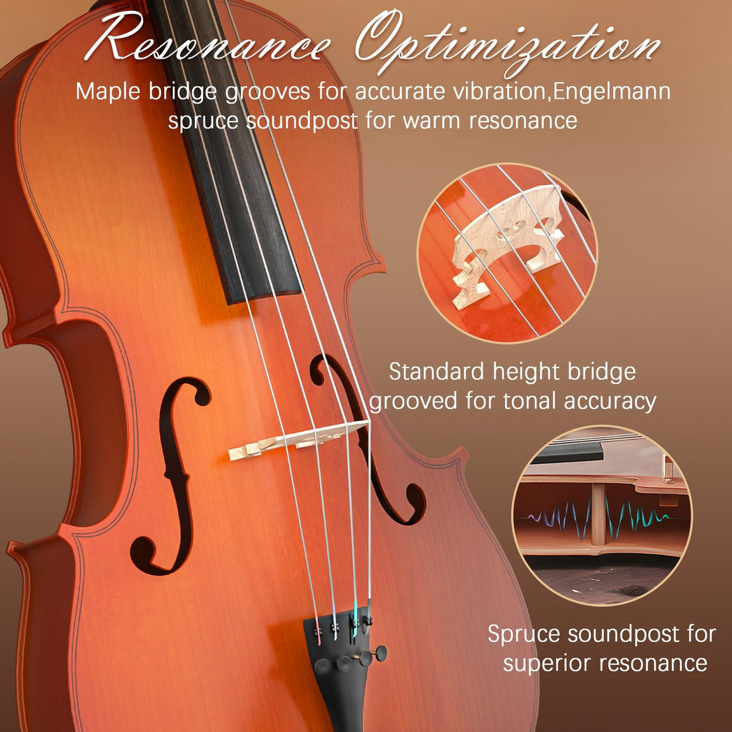 Full Size Cello Kit, Acoustic Cello Instrument for Adults,Beginners,Students,Complete Cello 4/4 Set with Portable Bag, Bow, Rosin (Black)