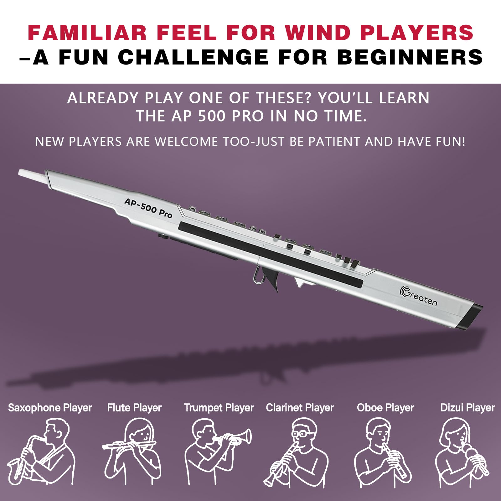 AP 500 Pro Electronic Wind Instrument with Dual Timbres, 120 Tones, Touch Bend Plate, OLED Display, Built-in OTG, Voice Control Digital Saxophone For Practice or Performance (Sliver)