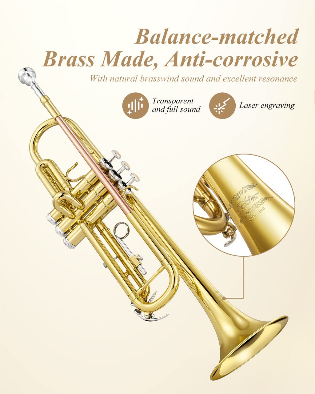Eastar Bb Standard Trumpet Set for Beginner, Brass Student Trumpet Instrument with Hard Case, Cleaning Kit, 7C Mouthpiece and Gloves, ETR-380N, Silver