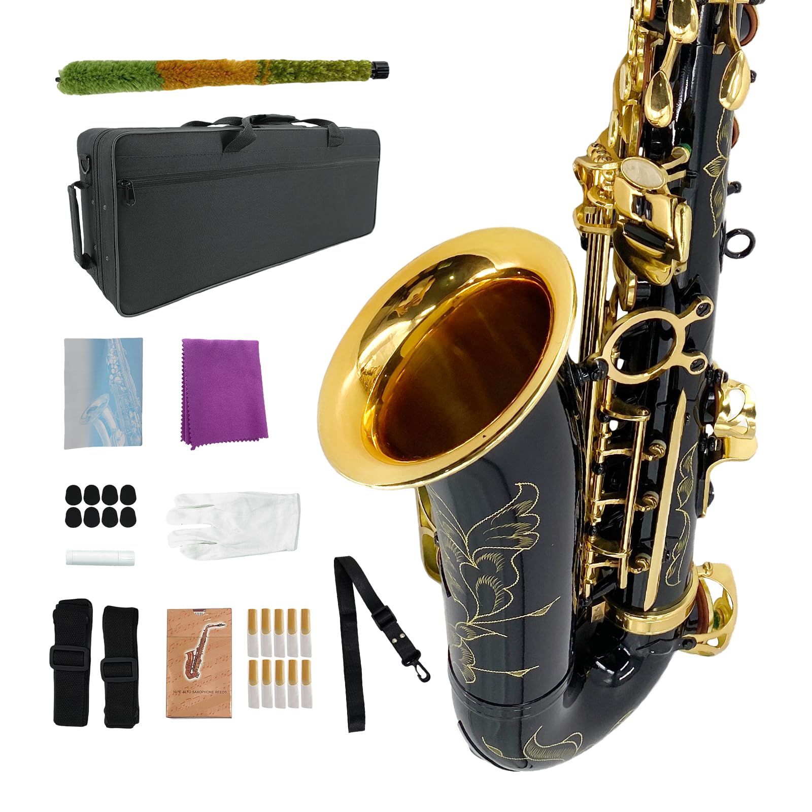 Student Eb Alto Saxophone E Flat for Beginners Sax Full Kit with Pads Cushions,Hard Carrying Case,Neck Strap,Reeds,Cleaning Cloth & Rod,Mouthpiece,Gloves
