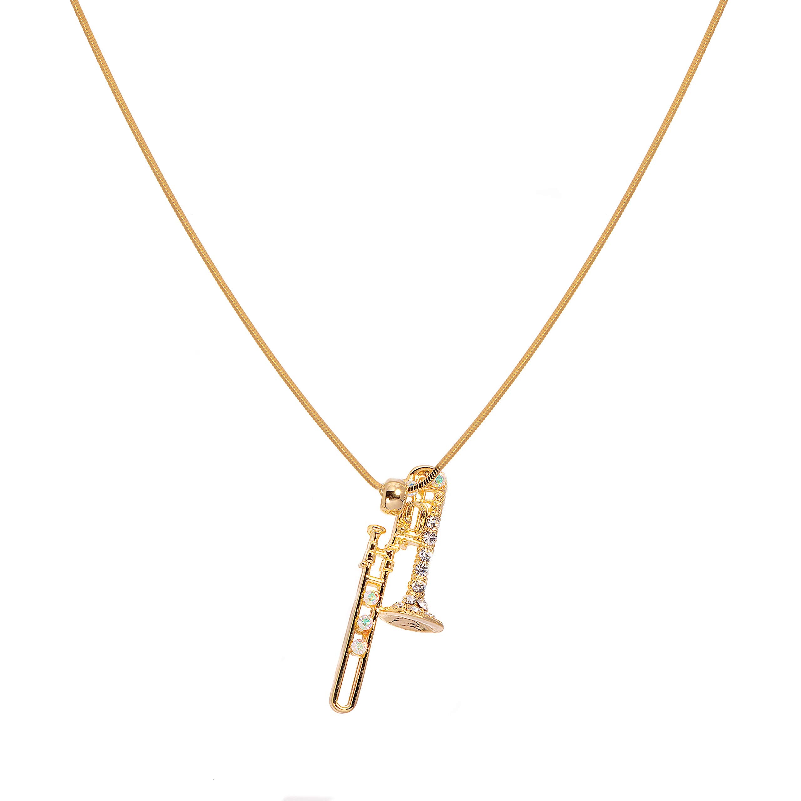 Spinningdaisy Trombone Necklace for Music Lovers, Rhinestone Instrument Pendant, 16” + 2” Extender Snake Chain