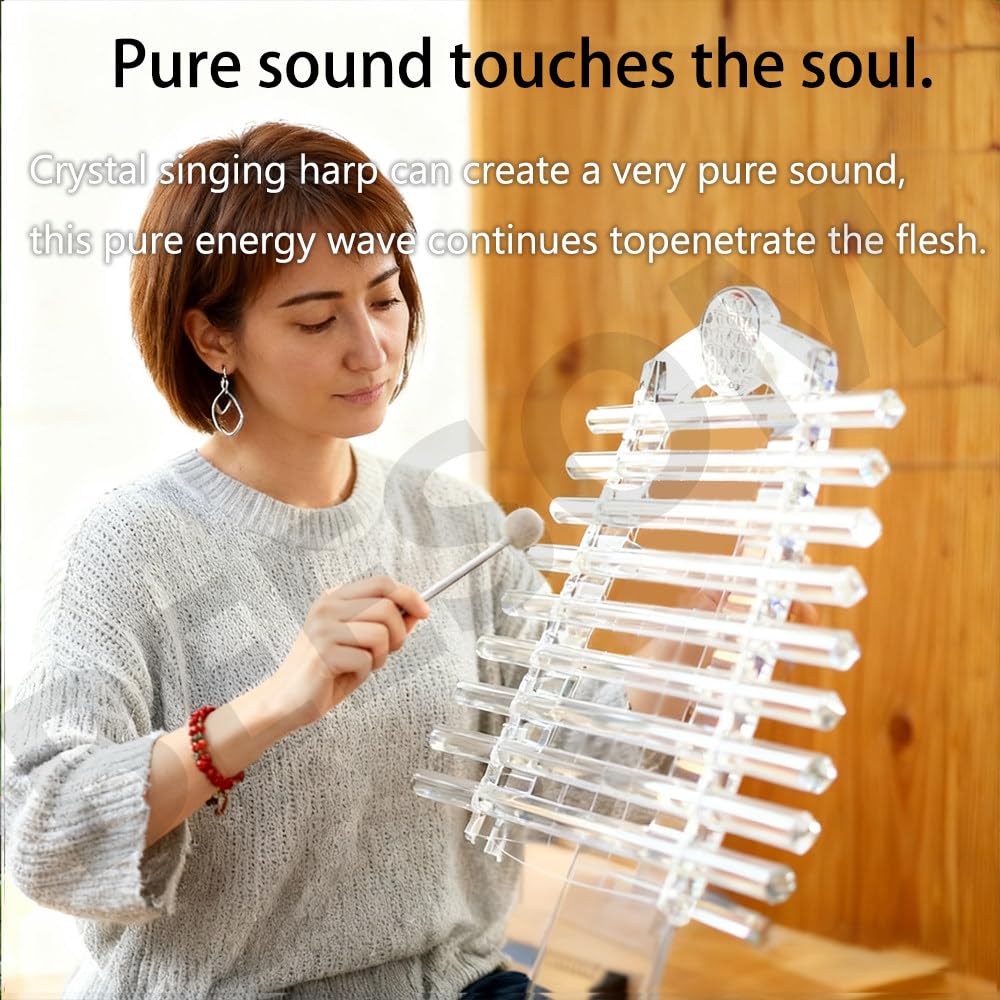 432HZ 8 Note Quartz Crystal Singing Harp,432 Hz Sound Therapy Quartz Crystal Singing Harp,with Flower of Life Pattern Including Bracket Alumina Carrry Case for Sound Bath and Meditatiion 440hz